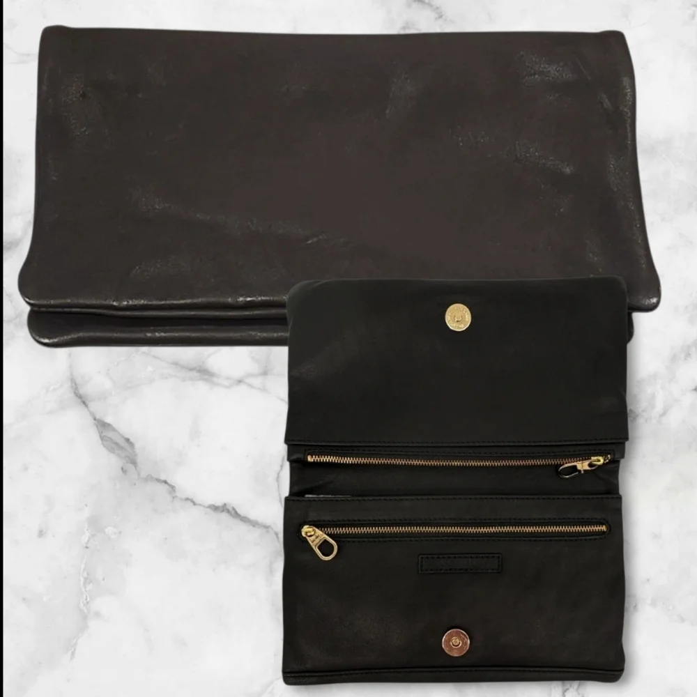 Ann Taylor Leather Clutch Fold Over Black Evening Bag Gold Capsule Minimalist